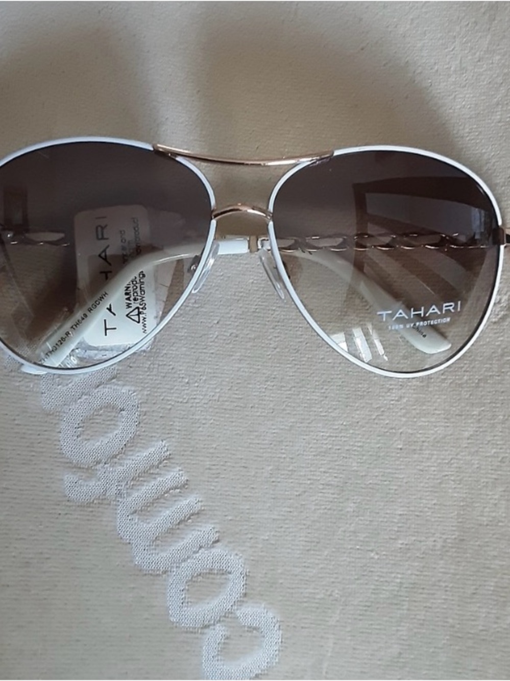 Tahari White & Gold Aviator Sunglasses with Gradient Brown Lenses